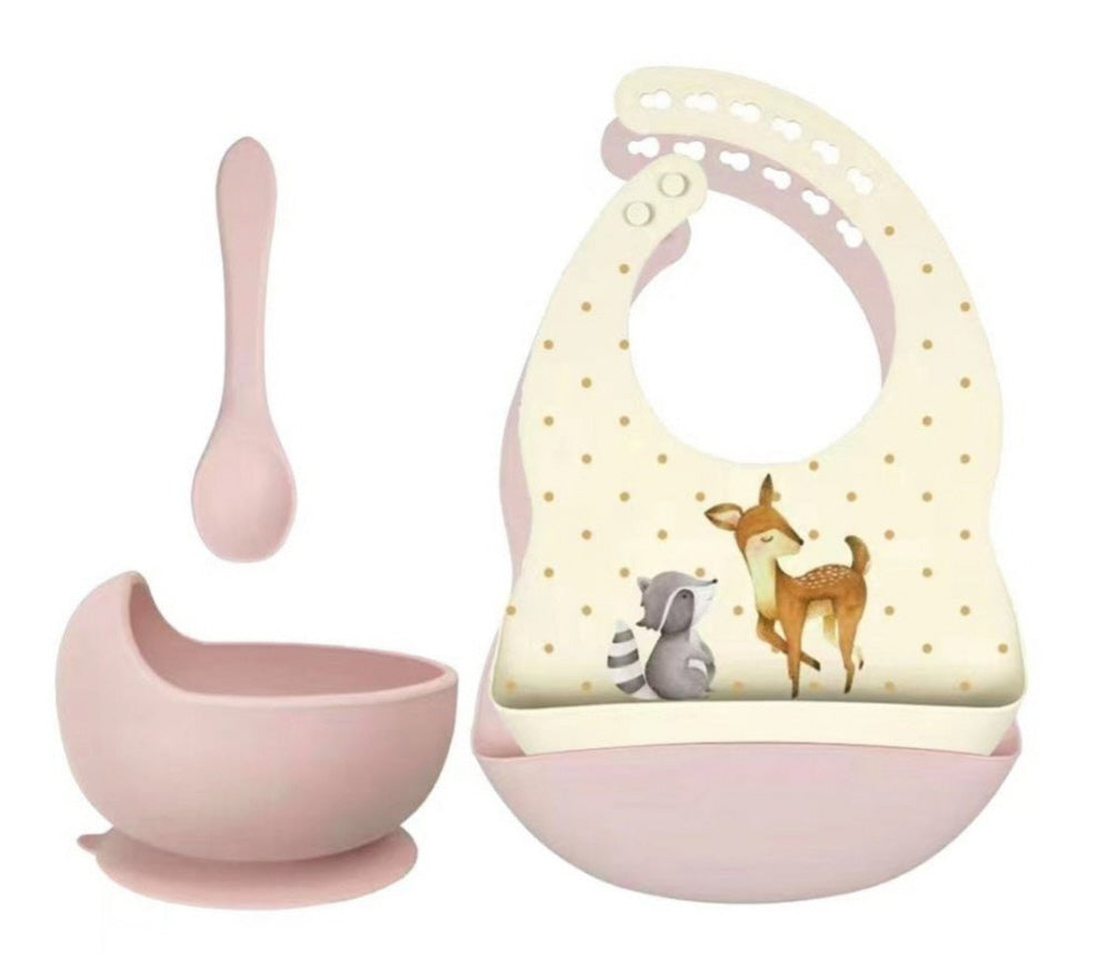 Set aus Silikon-Lätzchen + Schüssel mit Saugnapf und Löffel