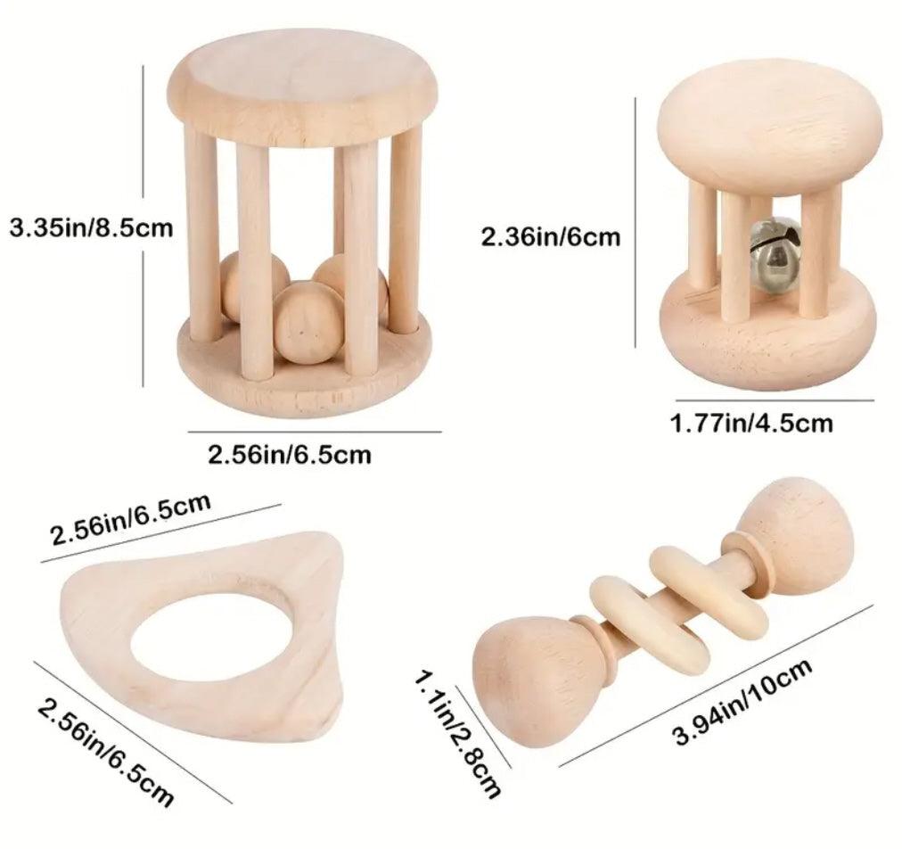 4-teiliges Baby-Rasselspielzeug aus Holz