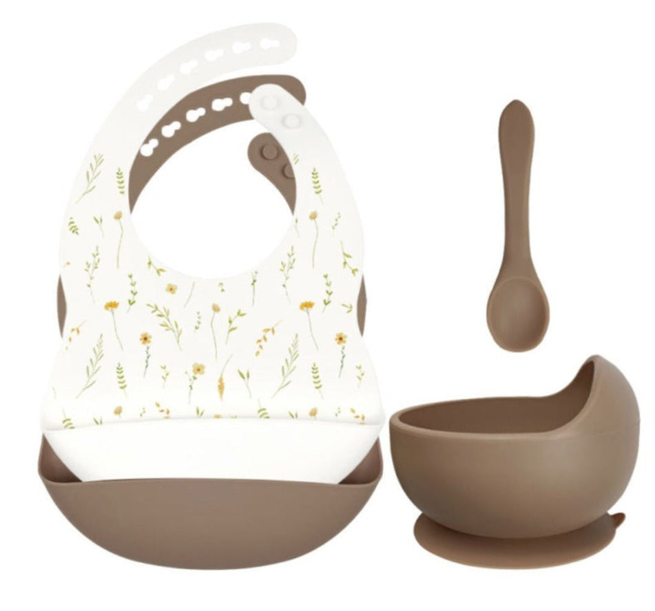 Set aus Silikon-Lätzchen + Schüssel mit Saugnapf und Löffel