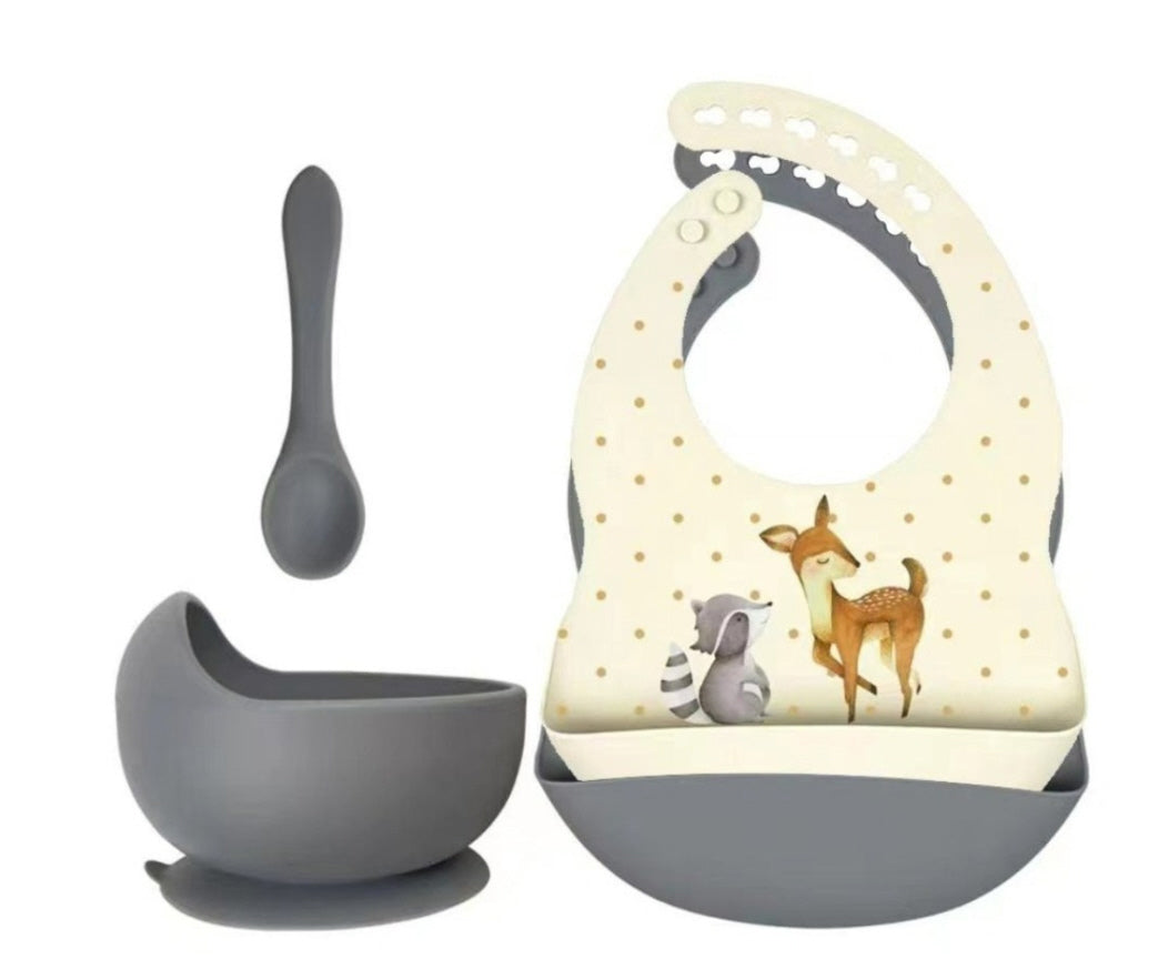 Set aus Silikon-Lätzchen + Schüssel mit Saugnapf und Löffel